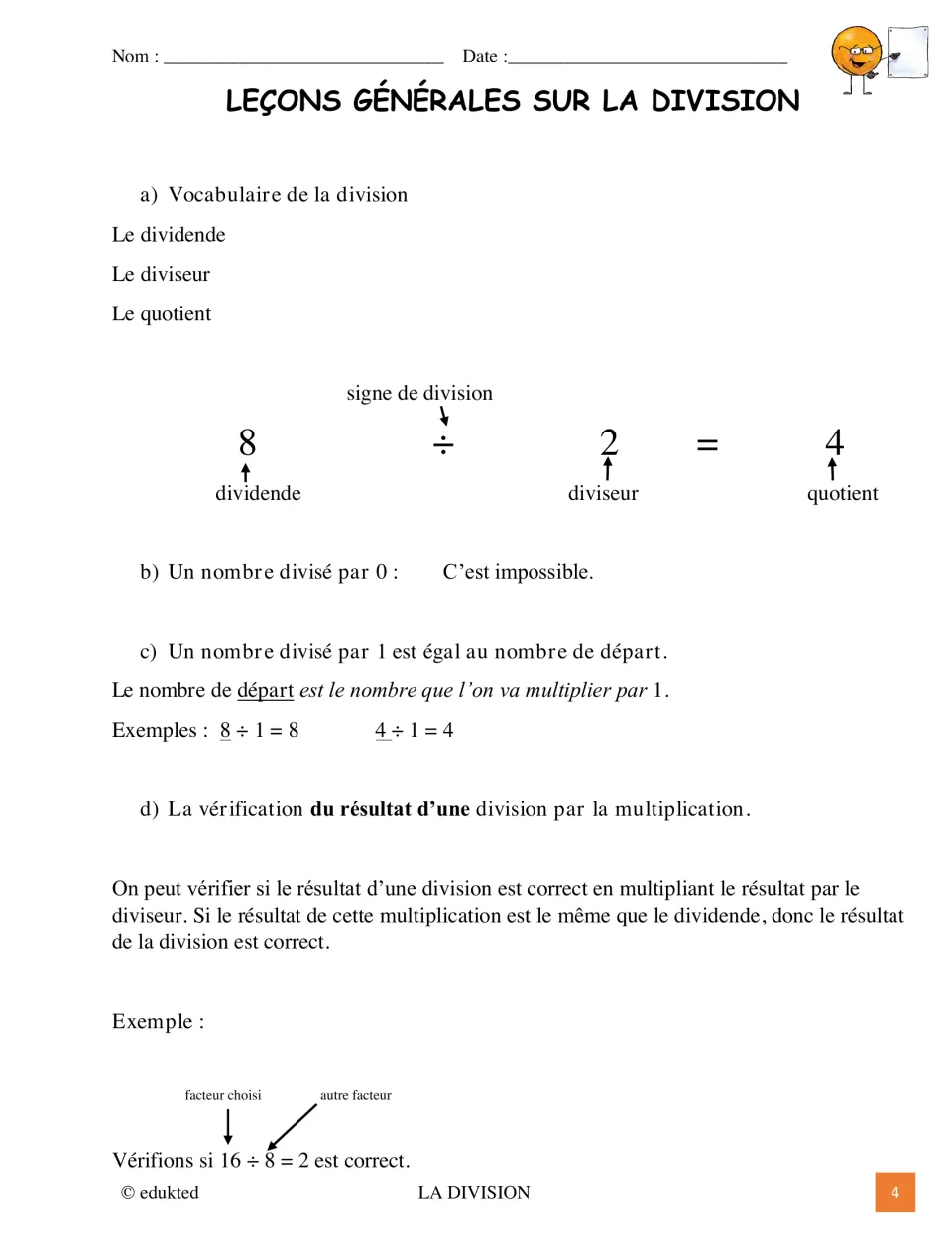 French division lesson labels 8 ÷ 2 = 4, explains division by zero and one, and introduces multiplication checks