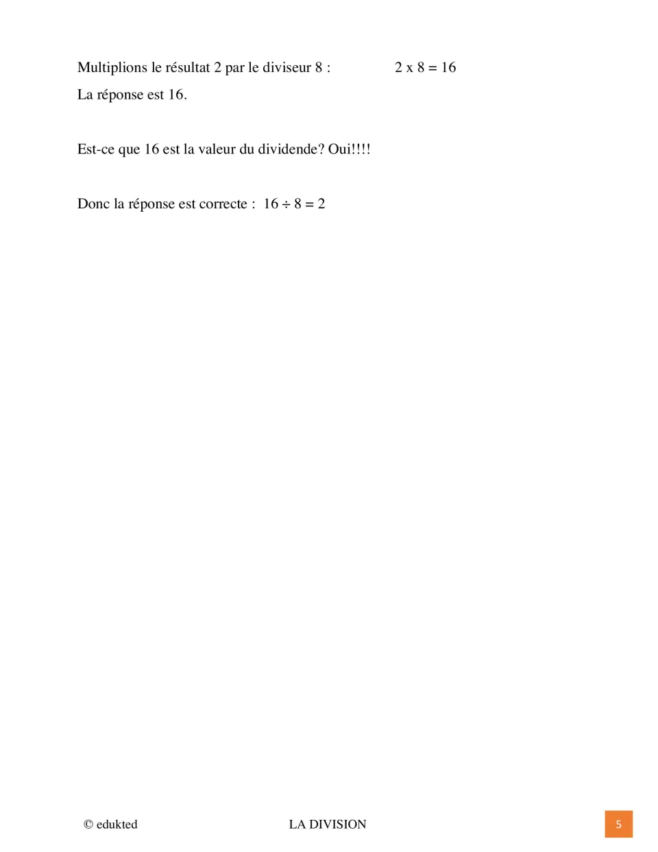 French division lesson continues by checking 16 ÷ 8 = 2 using 2 × 8 = 16 and comparing it to the dividend
