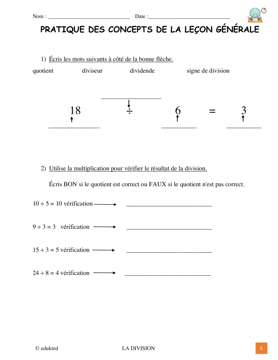 French division practice asks students to label 18 ÷ 6 = 3 and check four equations using multiplication