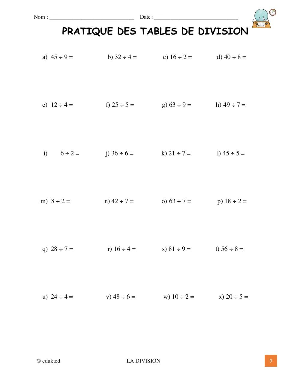 French division facts practice includes 24 problems, such as 45 ÷ 9, 32 ÷ 4, 16 ÷ 2, and 40 ÷ 8
