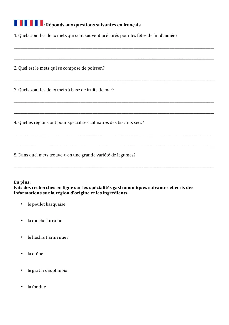 French gastronomy activity 3: answer five food questions in French, then research six additional dishes.