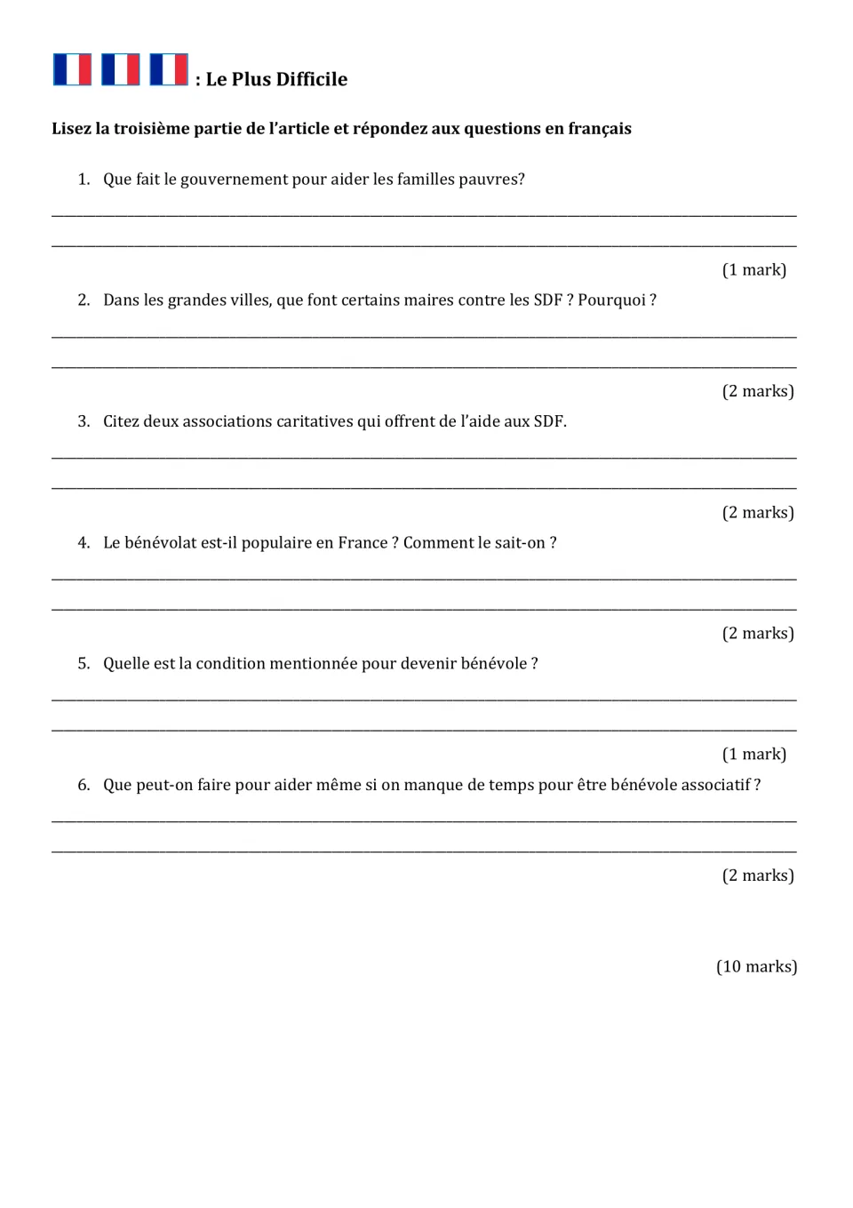 French reading practice: six questions on government aid, charities, volunteering, and helping people in poverty.