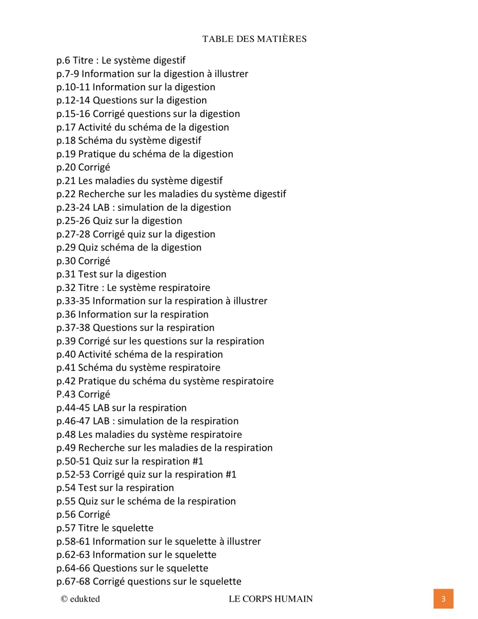 Table des matières, pages 6 to 68: digestive, respiratory and skeleton sections with info, questions, labs and quizzes