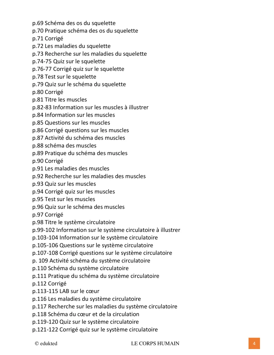 Table of contents continued, pages 69 to 122: skeleton, muscles and circulatory system diagrams, labs, quizzes and tests