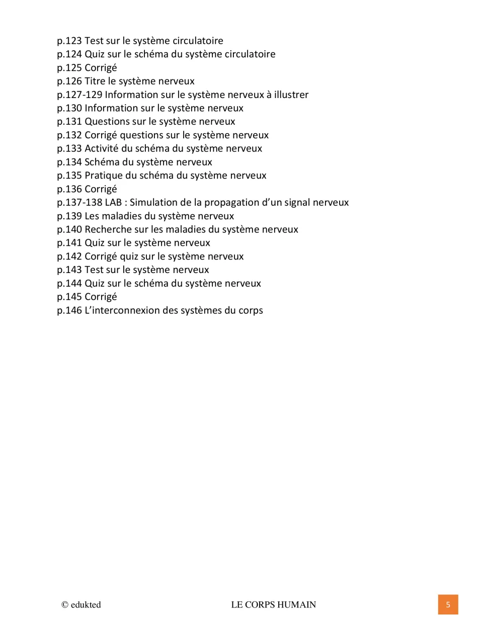 Table of contents end, pages 123 to 146: nervous system info, diagram practice, nerve signal lab, quiz and test