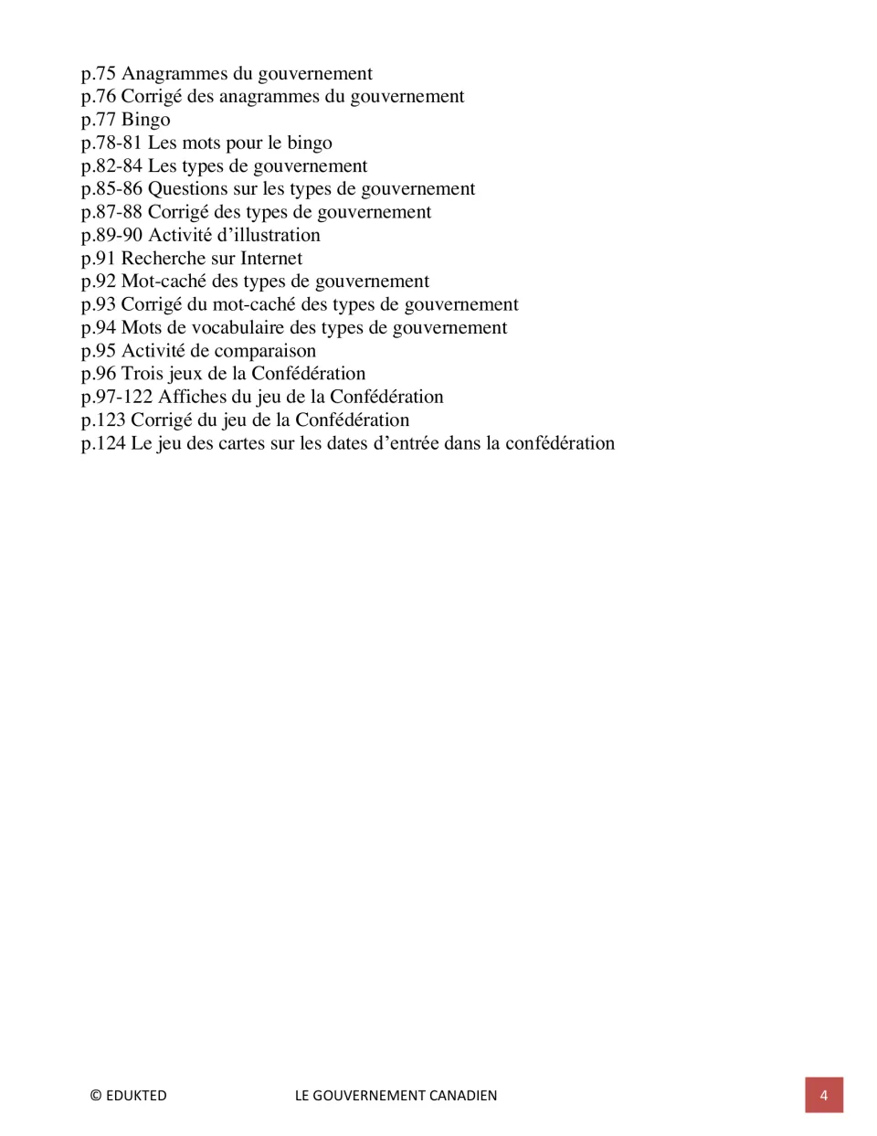 Continued contents list government anagrams, bingo, government types, and Confederation games on pages 75–124