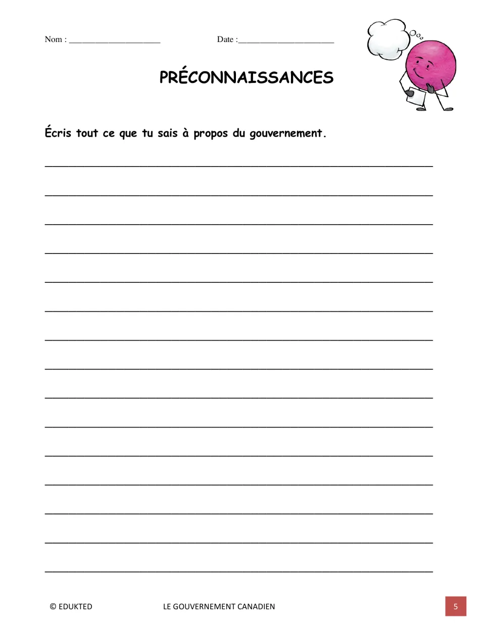 Prior-knowledge writing activity titled Préconnaissances asks students to write what they know about government