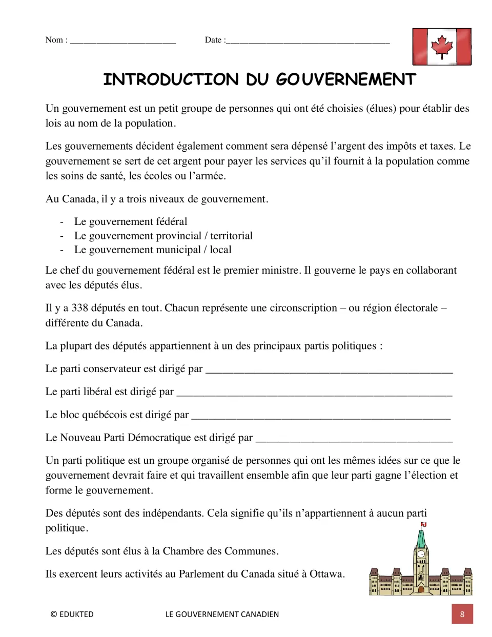 Government introduction reading combines three levels, taxes, 338 MPs, political parties, and leader prompts