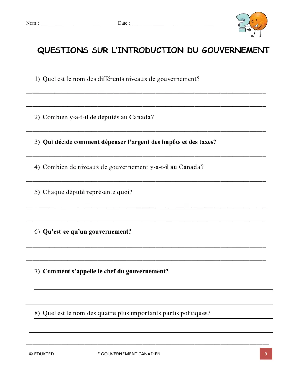 Eight introduction questions ask about government levels, MPs, taxes, representation, leadership, and parties