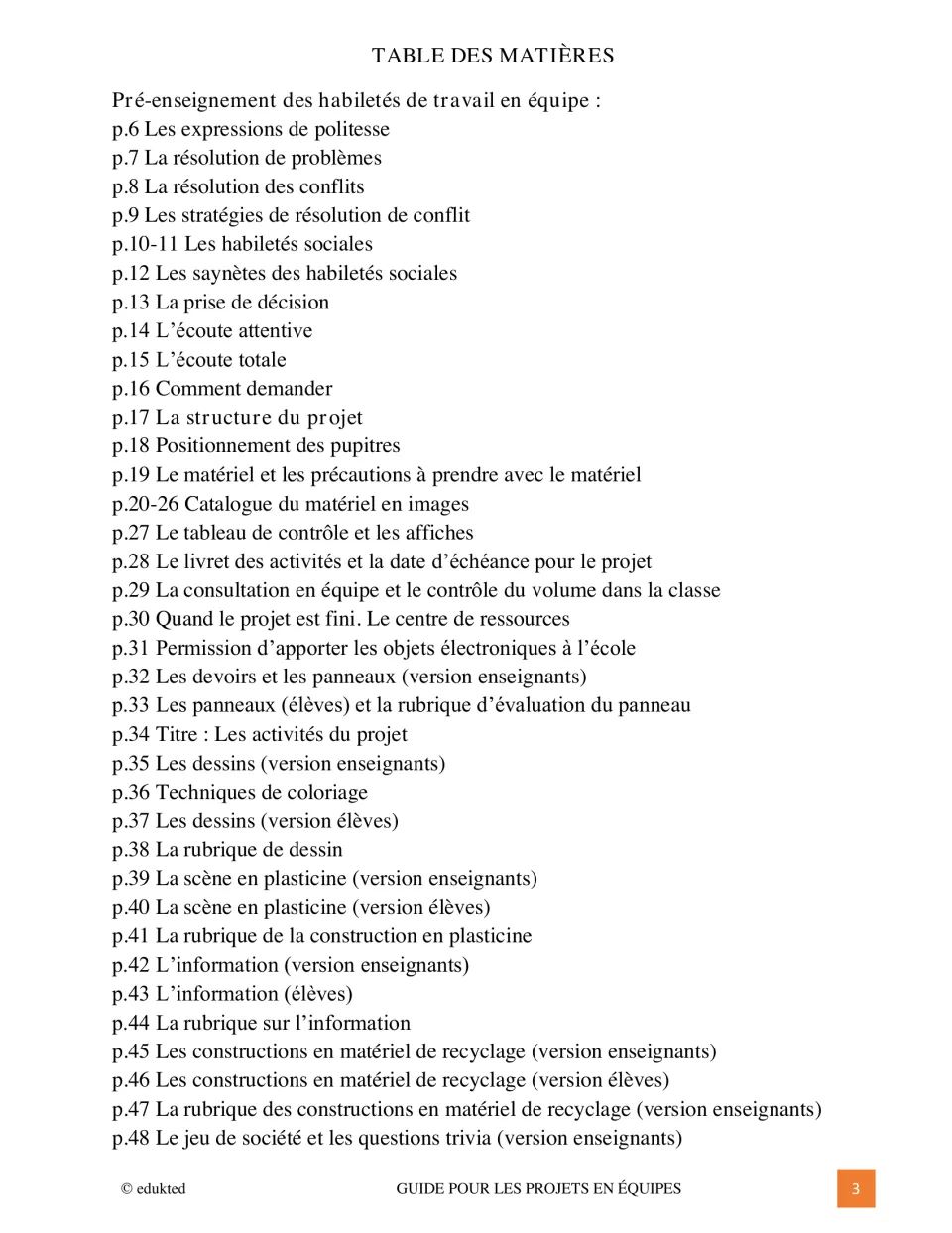 First contents page lists teamwork skills, project setup, materials, activities, and rubrics on pages 6–48