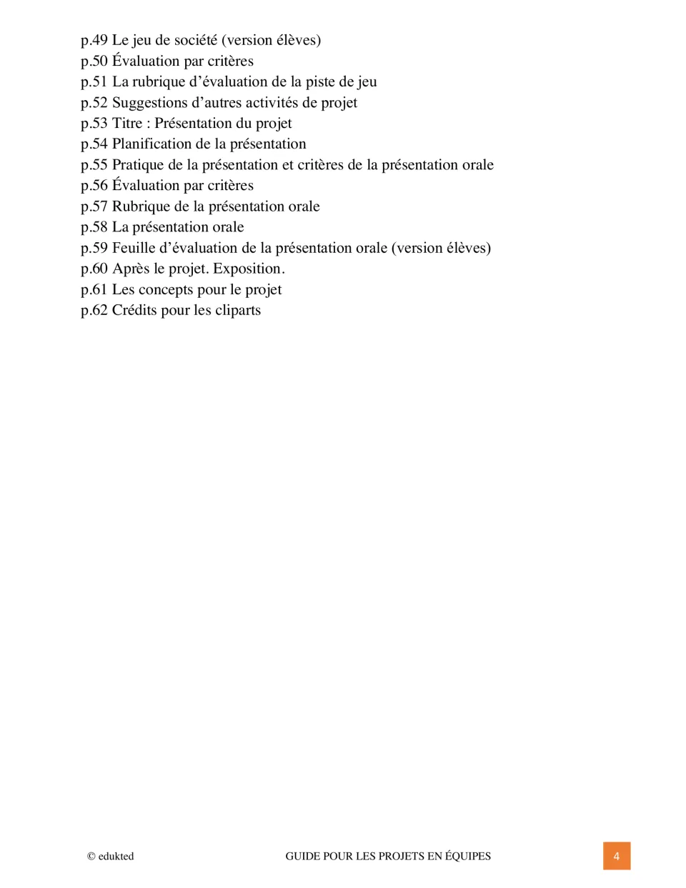 Second contents page lists games, assessments, oral presentations, exhibition, and credits on pages 49–62