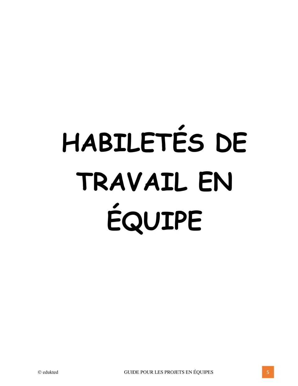 Team project guide section divider introduces Habiletés de travail en équipe (teamwork skills)