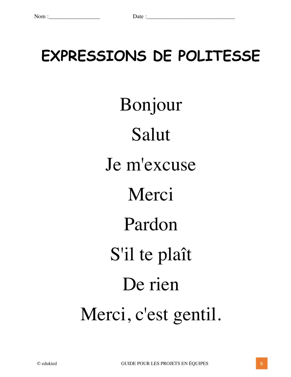 Teamwork reference lists eight French polite expressions, including Bonjour (hello) and Merci (thank you)