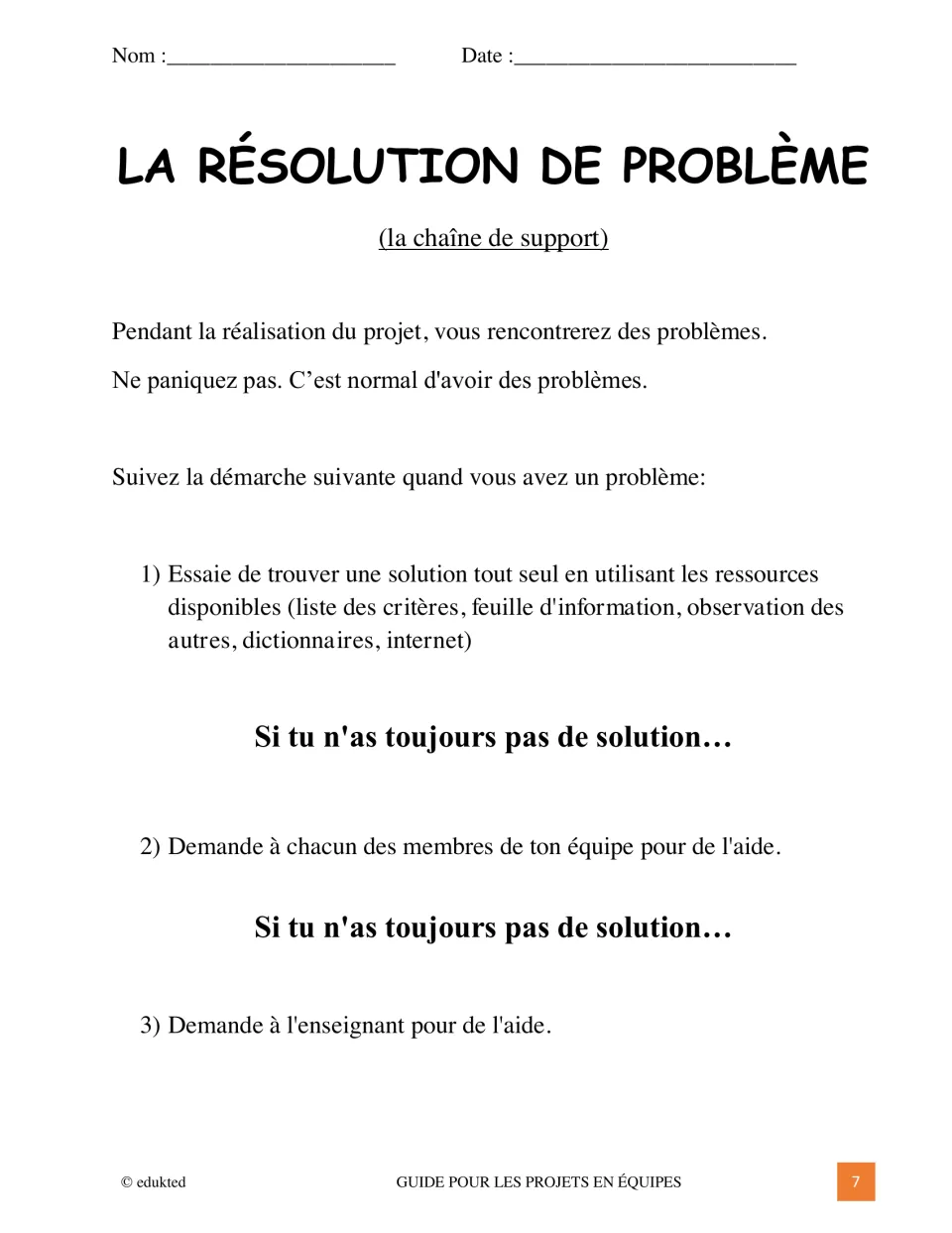French project problem-solving guide: try available resources, ask teammates, then ask the teacher for help