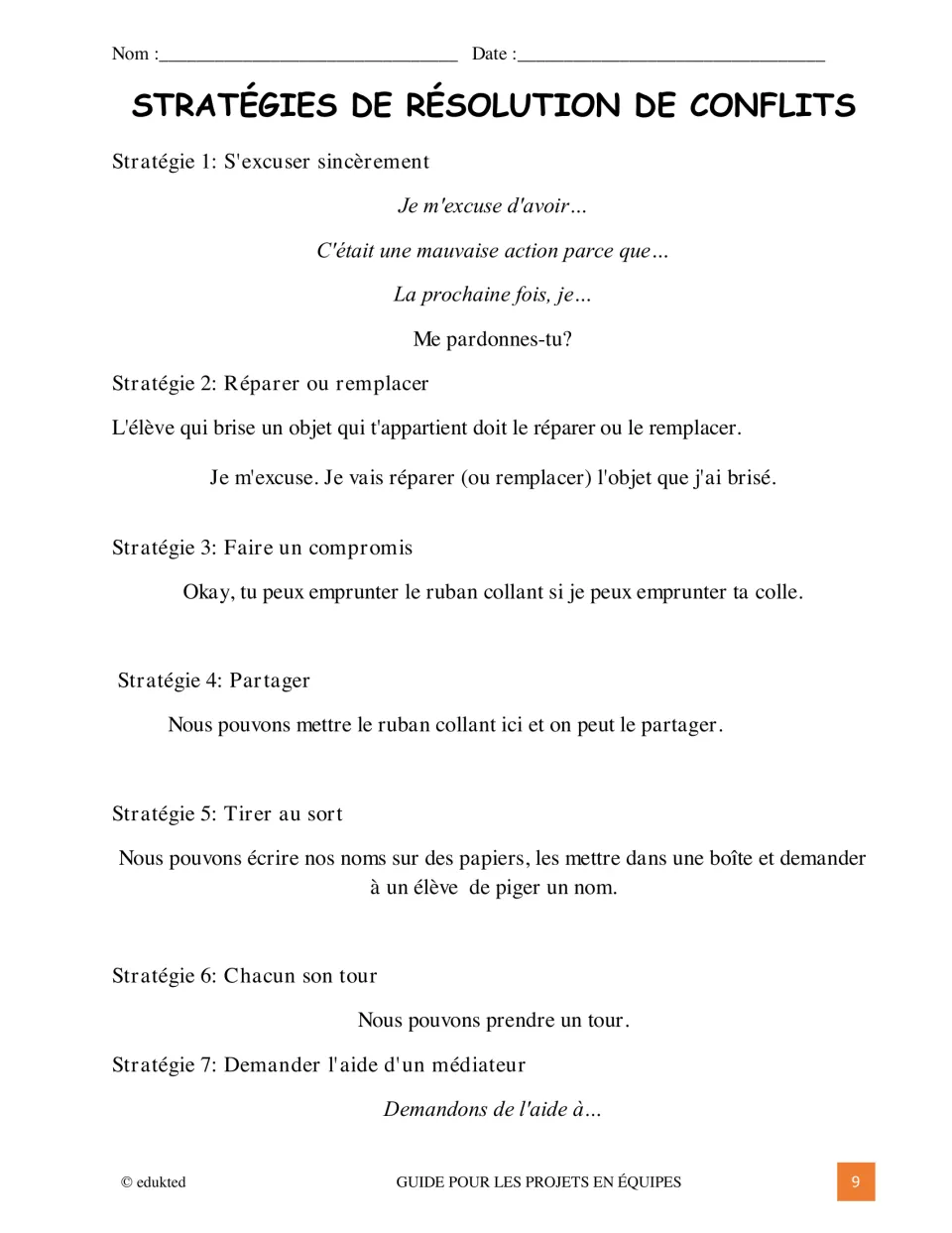 French teamwork reference gives seven conflict strategies: apologize, repair, compromise, share, and three more