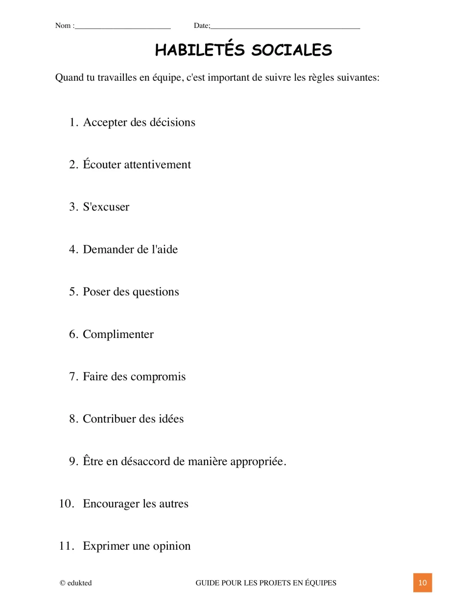 First French social skills page lists 11 teamwork rules, including listening, asking for help, and sharing ideas