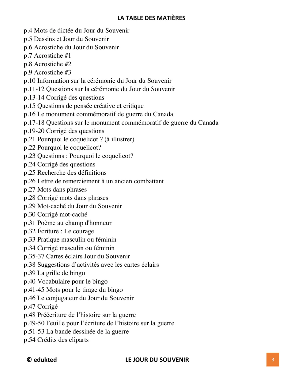 Table of contents for the French packet lists vocabulary, readings, writing, bingo, and answer keys