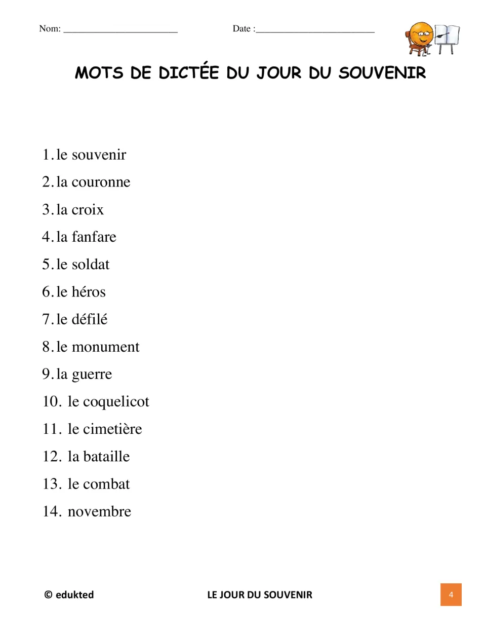 French Remembrance Day dictation list of 14 words includes le souvenir (memory) and le coquelicot (poppy)