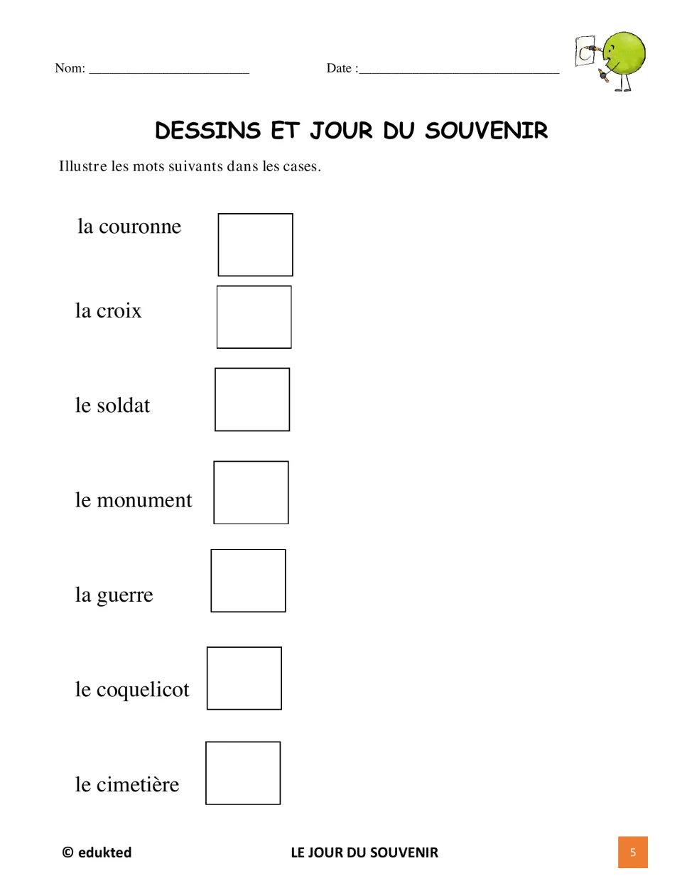 French vocabulary drawing activity asks students to illustrate seven words, including la couronne (wreath)