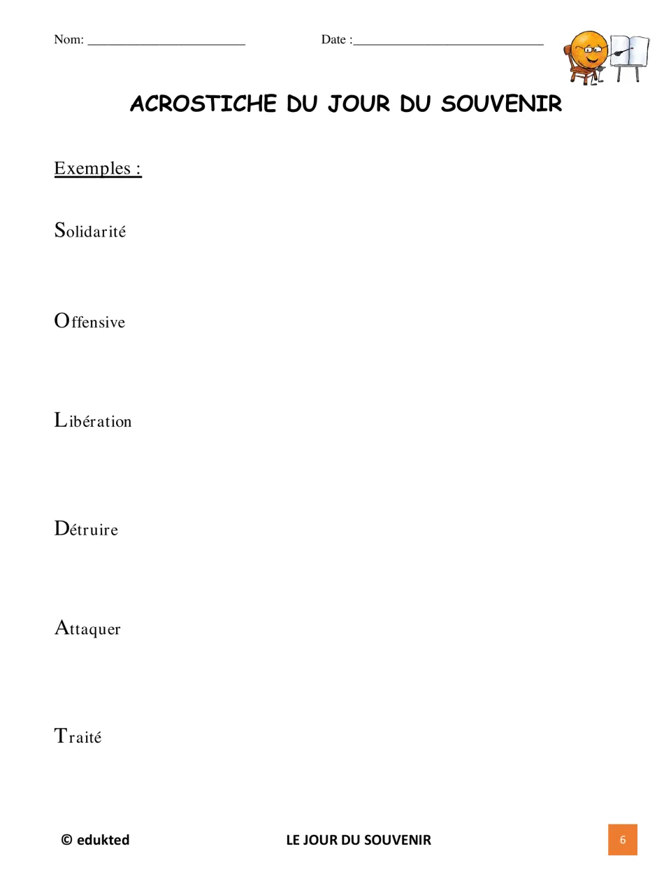 French acrostic example spells SOLDAT (soldier) using Solidarité, Offensive, Libération, and three more words