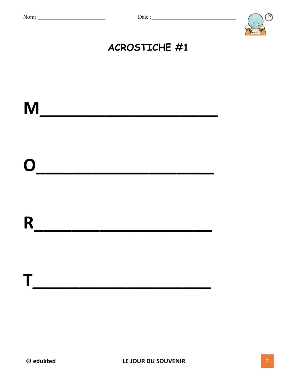 French Remembrance Day acrostic prompt 1 provides the letters M, O, R, T to write an acrostic for mort (death)