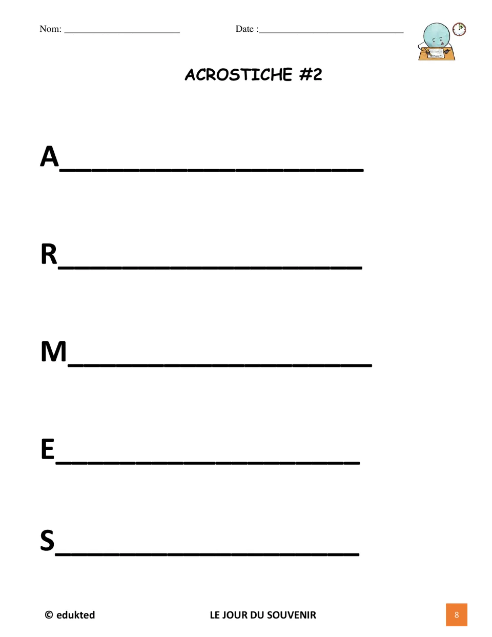 French Remembrance Day acrostic prompt 2 uses the letters A, R, M, E, S for an acrostic on armes (weapons)