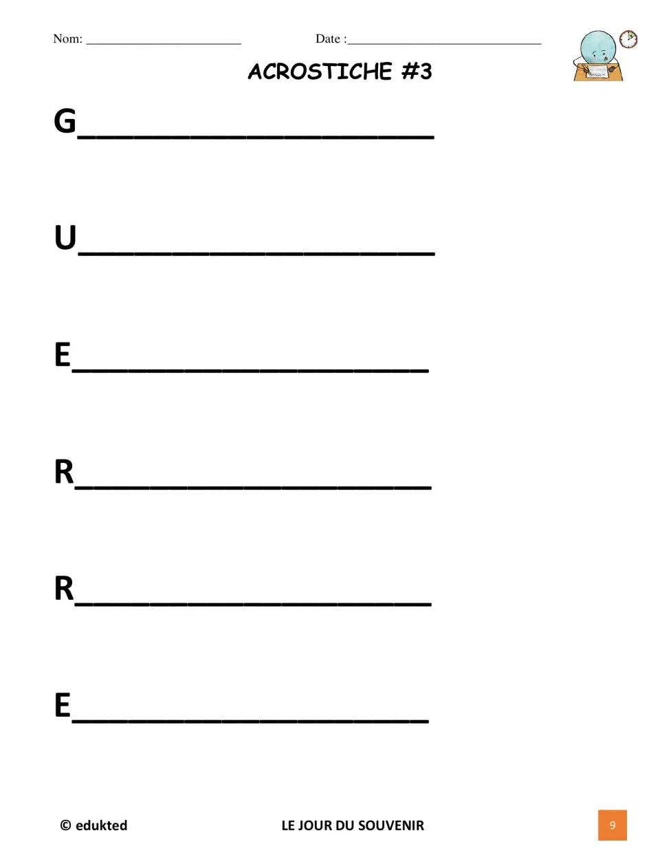 French Remembrance Day acrostic prompt 3 uses the letters G, U, E, R, R, E for an acrostic on guerre (war)