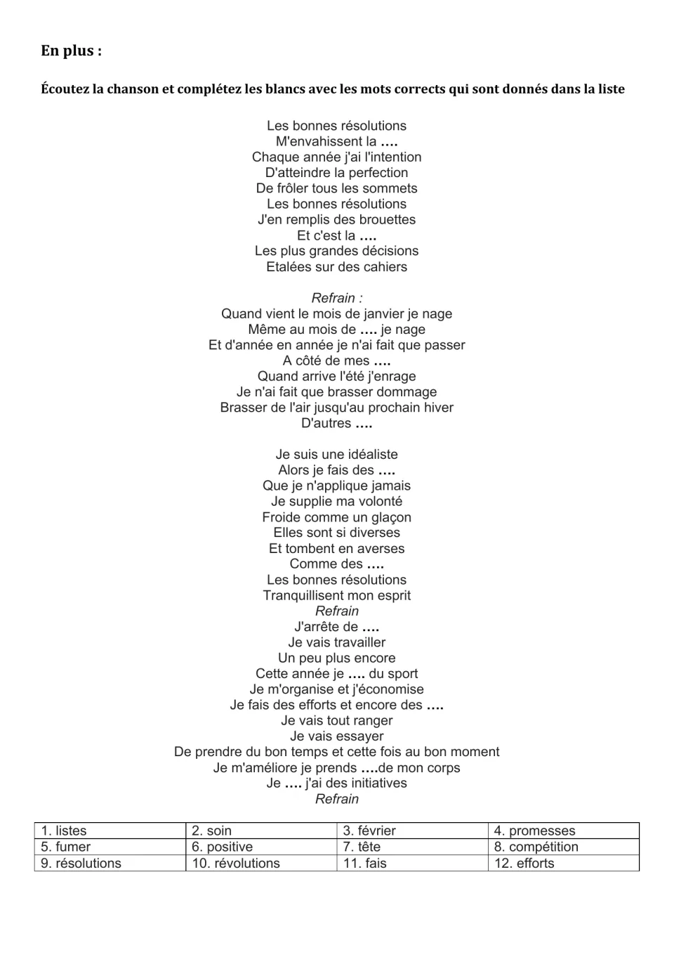 French listening activity: complete 12 blanks in a song about New Year's resolutions using a word bank.