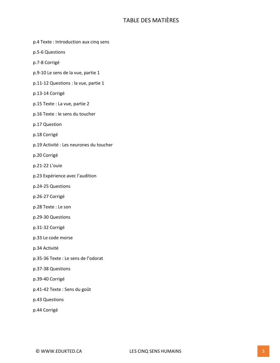 Table des matières listing readings, questions, answer keys and activities for sight, touch, hearing, smell and taste