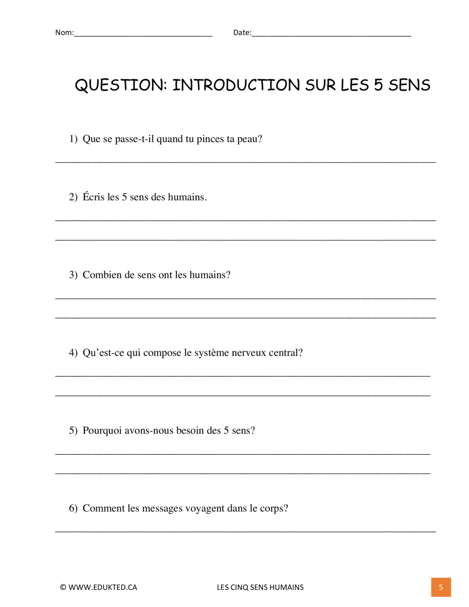 Reading comprehension in French: students answer six questions on the senses, nerves and the central nervous system