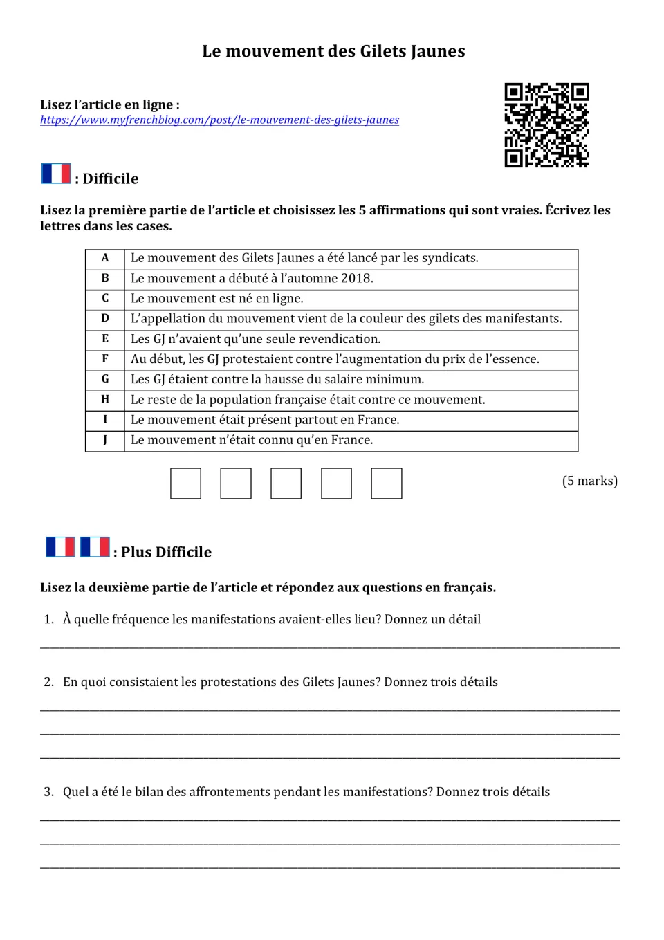 French reading worksheet, page 1: choose five true statements about the Yellow Vests and answer questions 1–3.