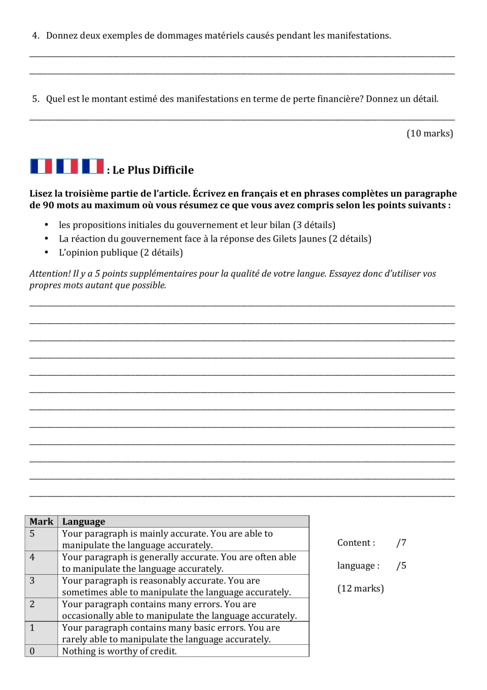 French reading worksheet, page 2: questions 4–5 and a 90-word summary on government reactions and public opinion.