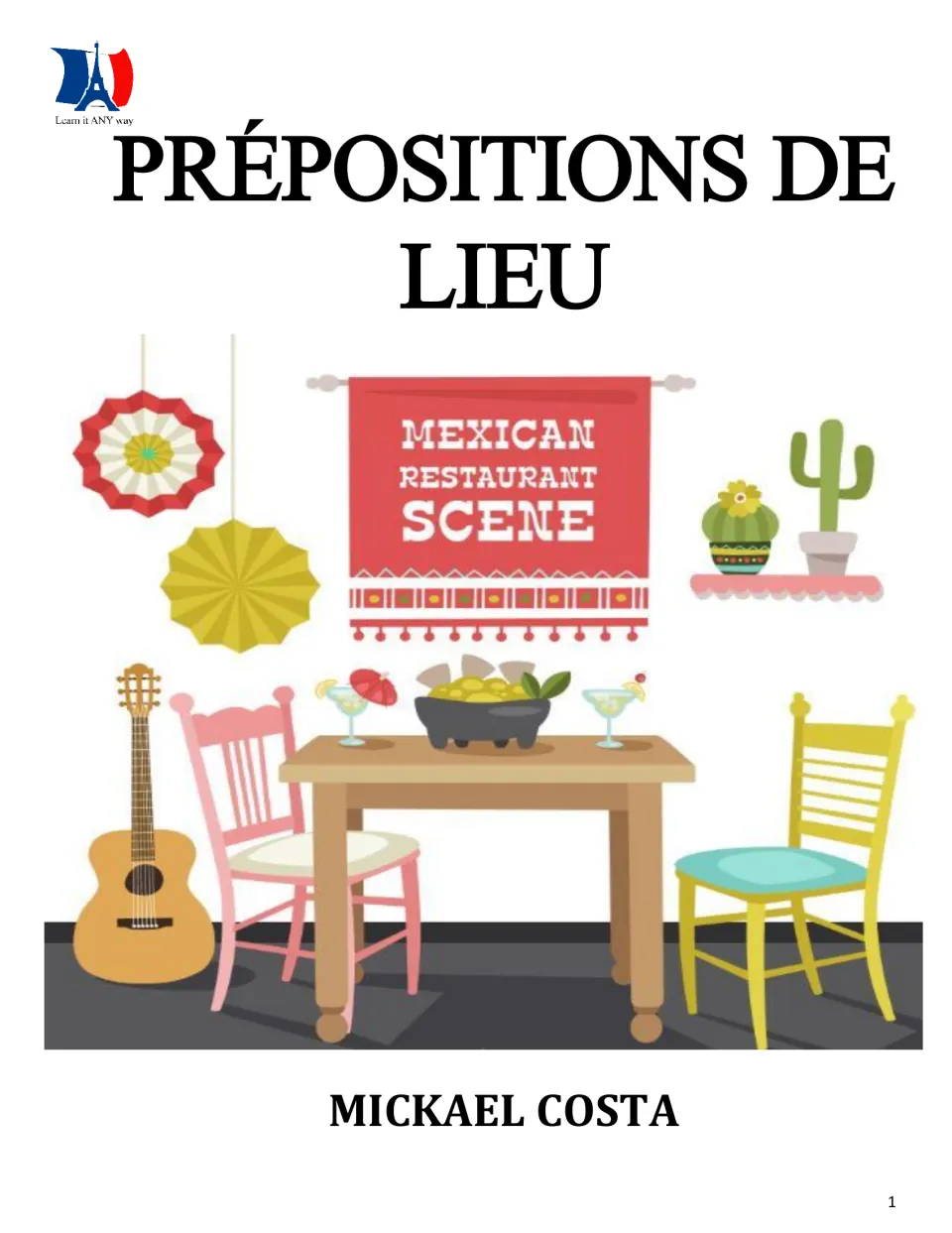Cover of Prépositions de lieu (prepositions of place), a French practice booklet by Mickael Costa