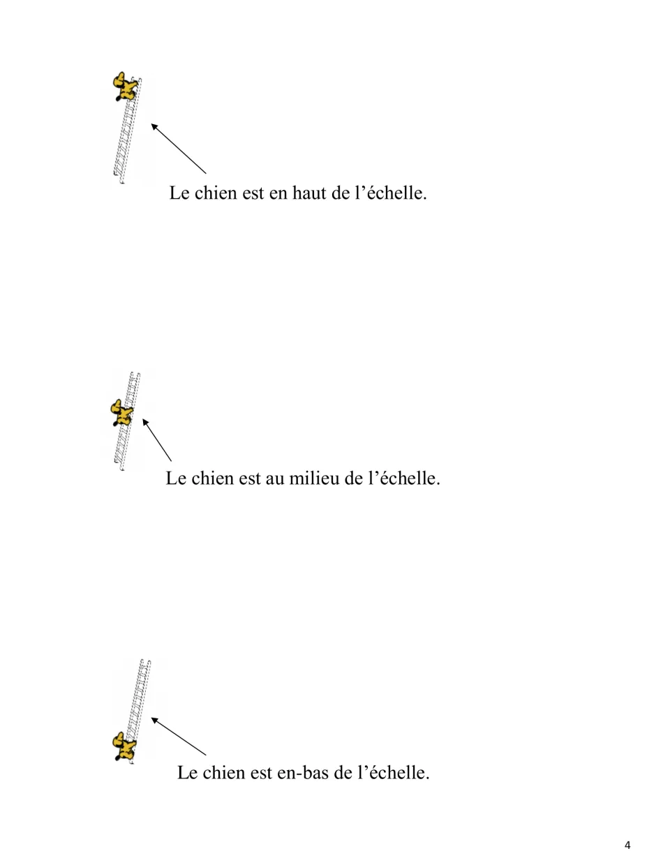French reference page: a dog en haut (at the top), au milieu (in the middle), and en bas (at the bottom)