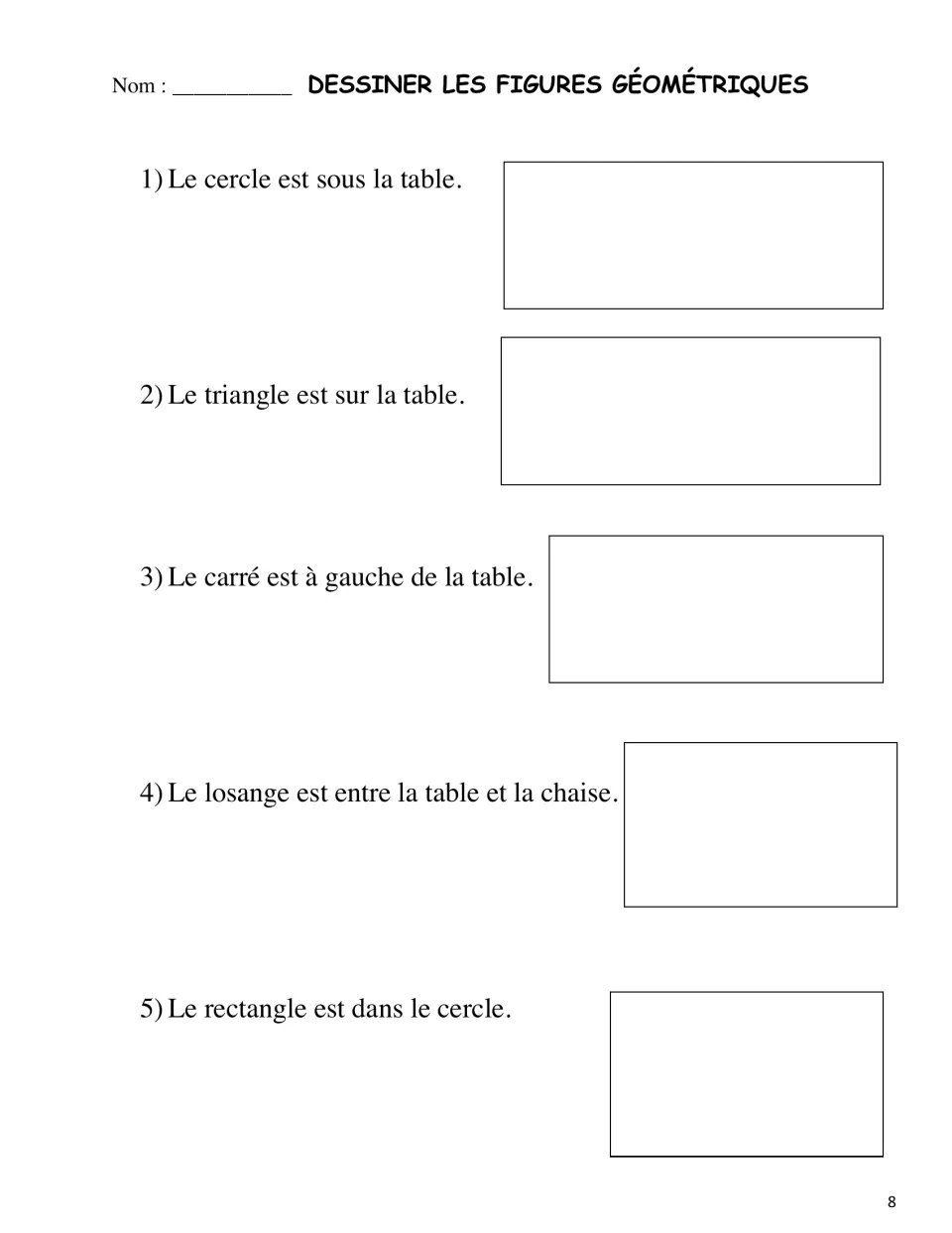 French drawing practice: five directions place a circle, triangle, square, rhombus, and rectangle