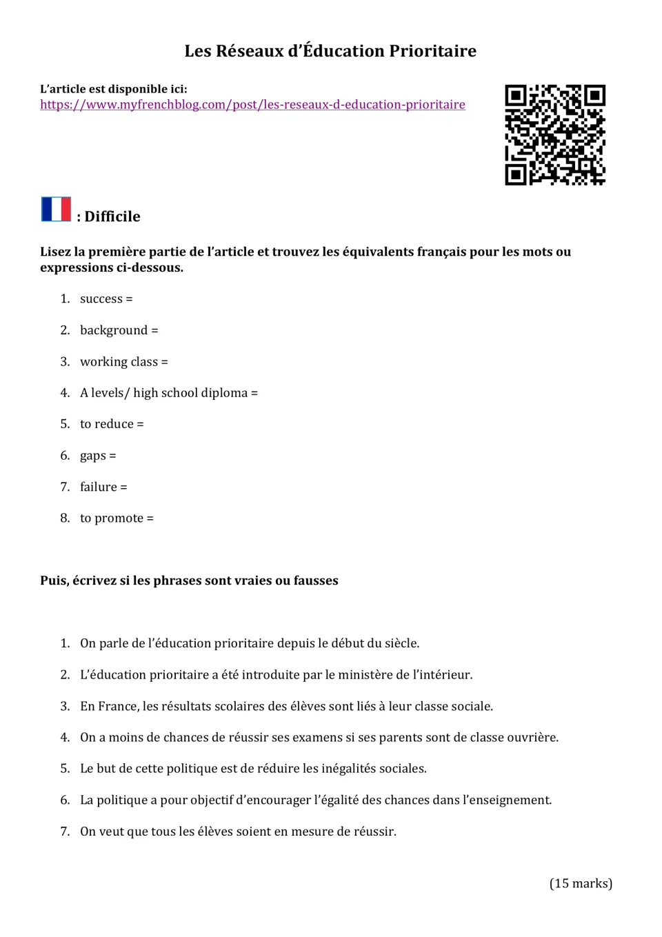 French reading activity 1: eight vocabulary translations and seven true-or-false statements on priority education.