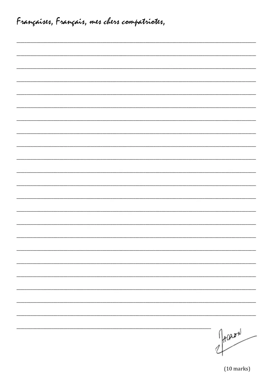 French activity 3 response page for a presidential speech beginning “Françaises, Français, mes chers compatriotes”.