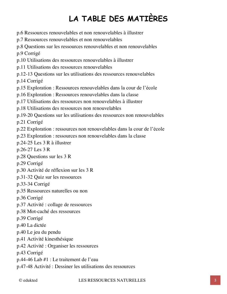 First contents page lists resource lessons, the three Rs, quizzes, activities, and a water treatment lab