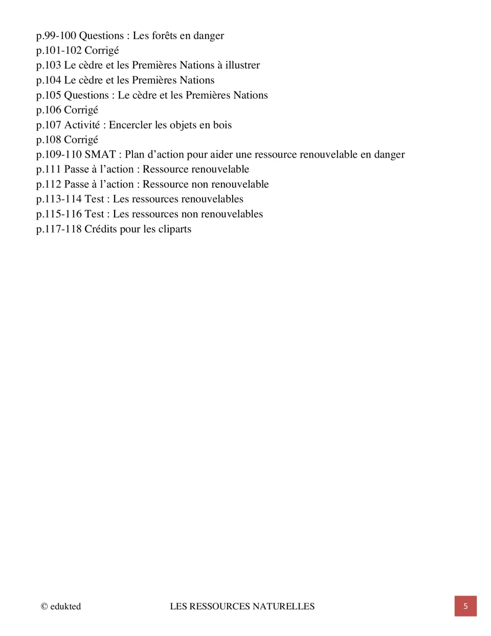 Final contents page lists forest questions, cedar and First Nations, resource action plans, and tests
