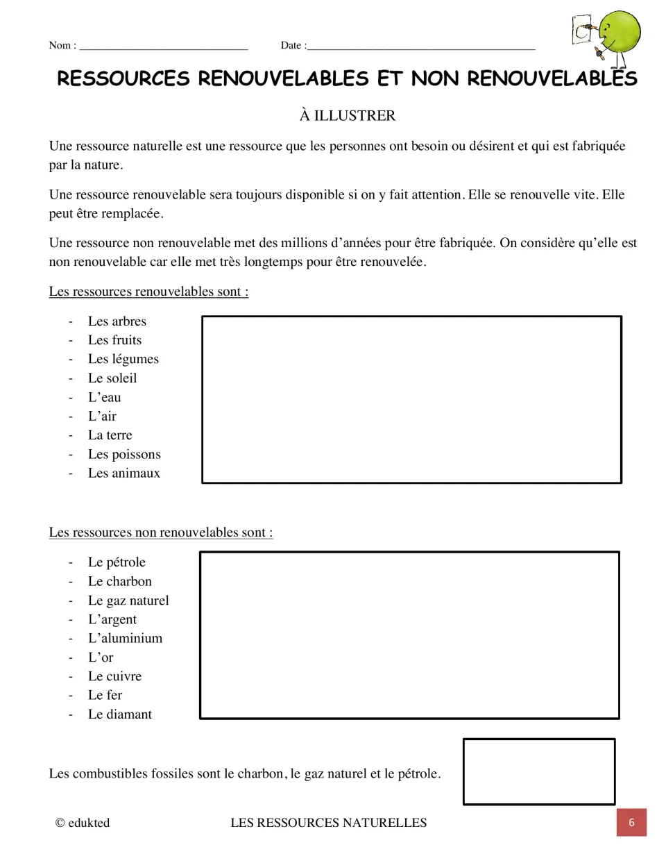 French illustration task defines renewable and nonrenewable resources and lists examples of each type