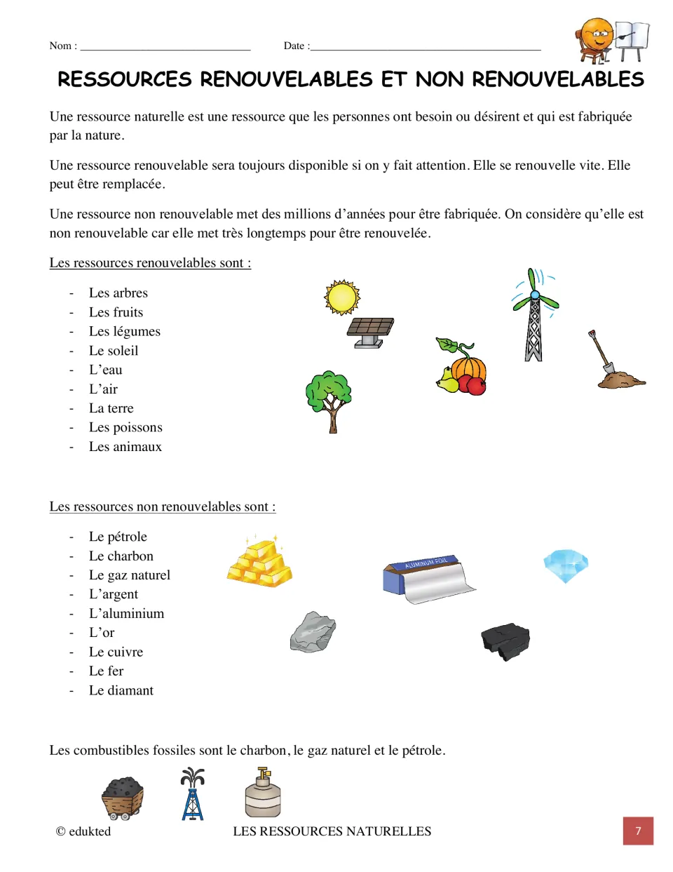 French illustrated reading defines renewable and nonrenewable resources, lists examples, and names fossil fuels
