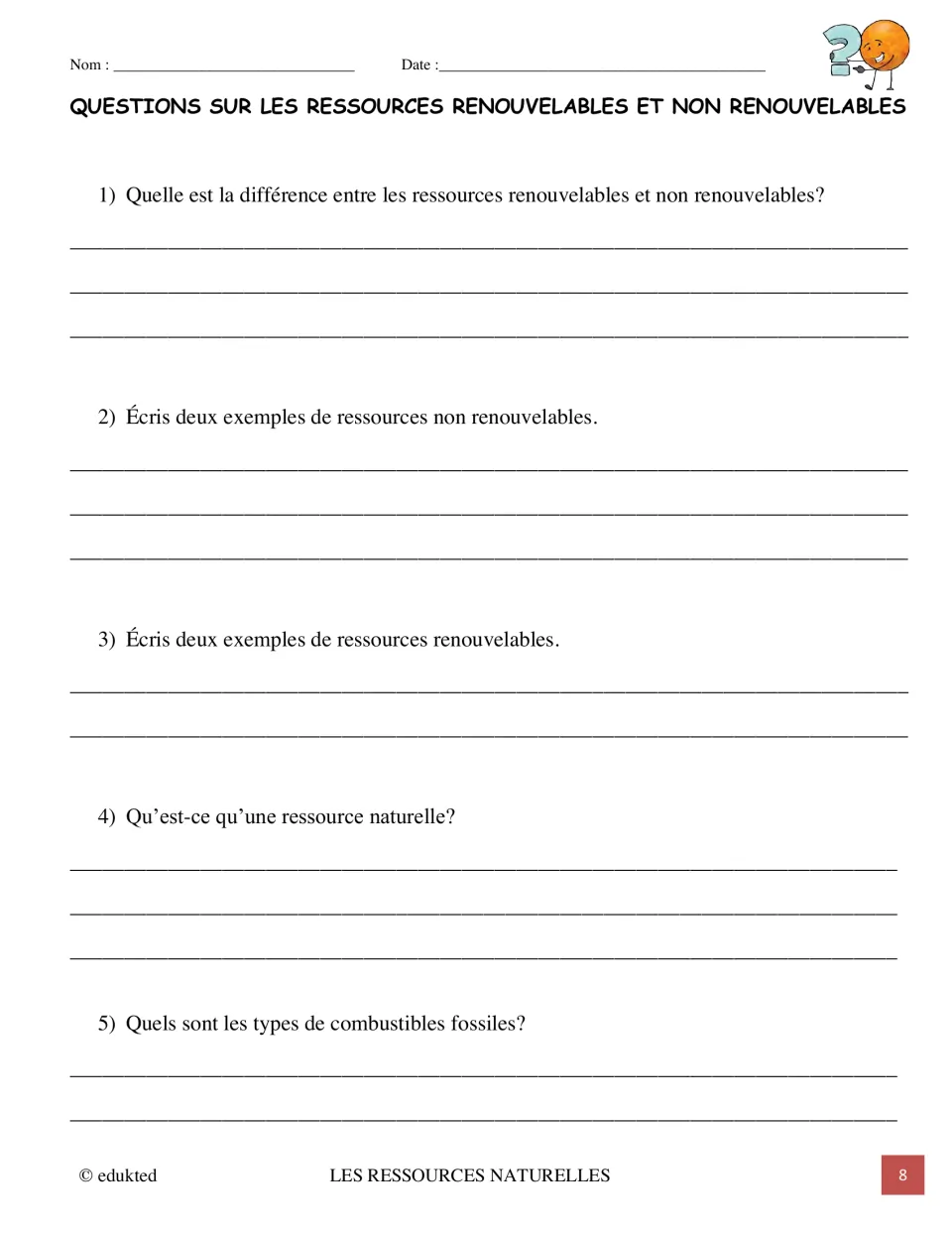 Five French questions ask about natural resources, renewable and nonrenewable examples, and fossil fuels
