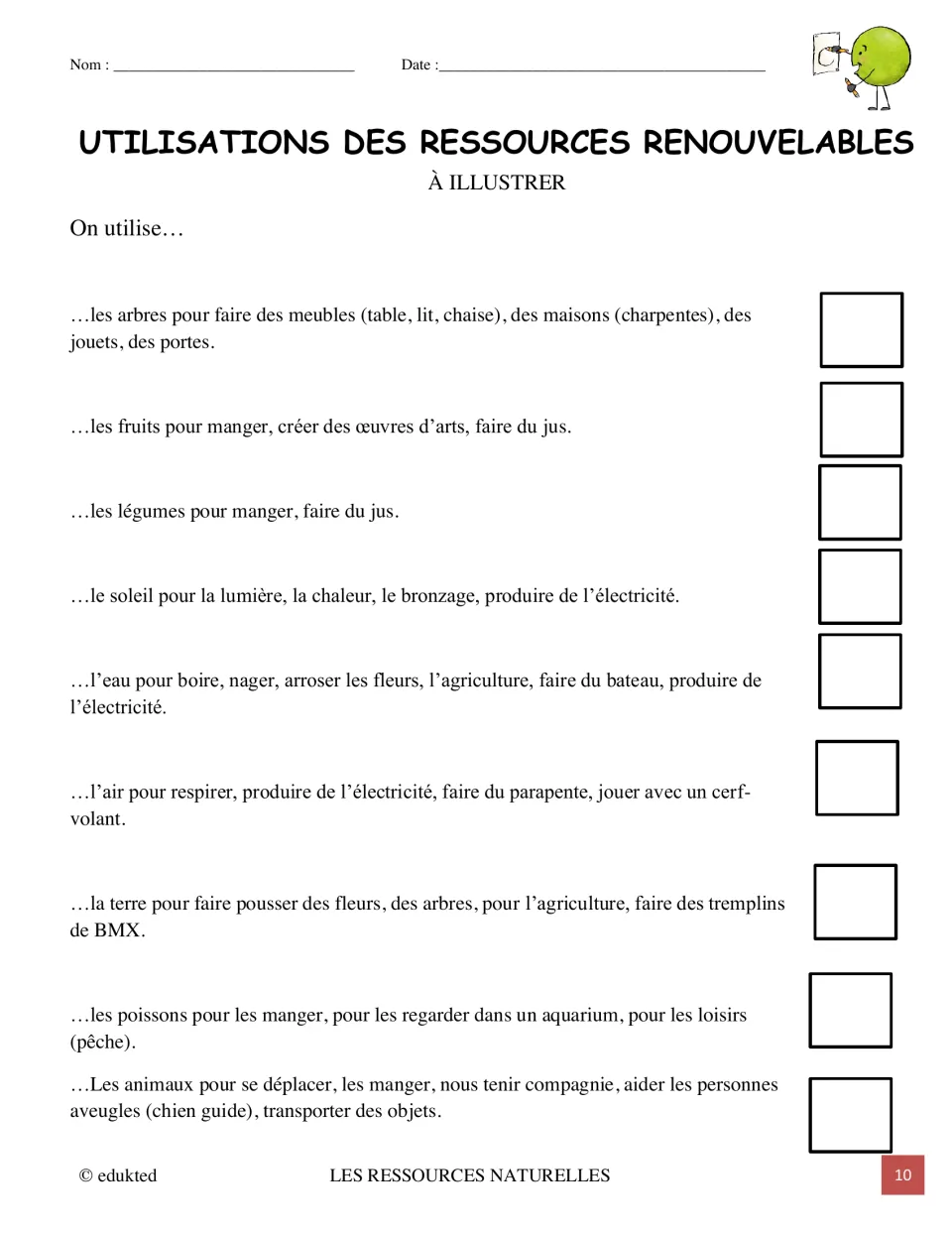 French illustration task lists uses for nine renewable resources, including trees, water, air, and animals