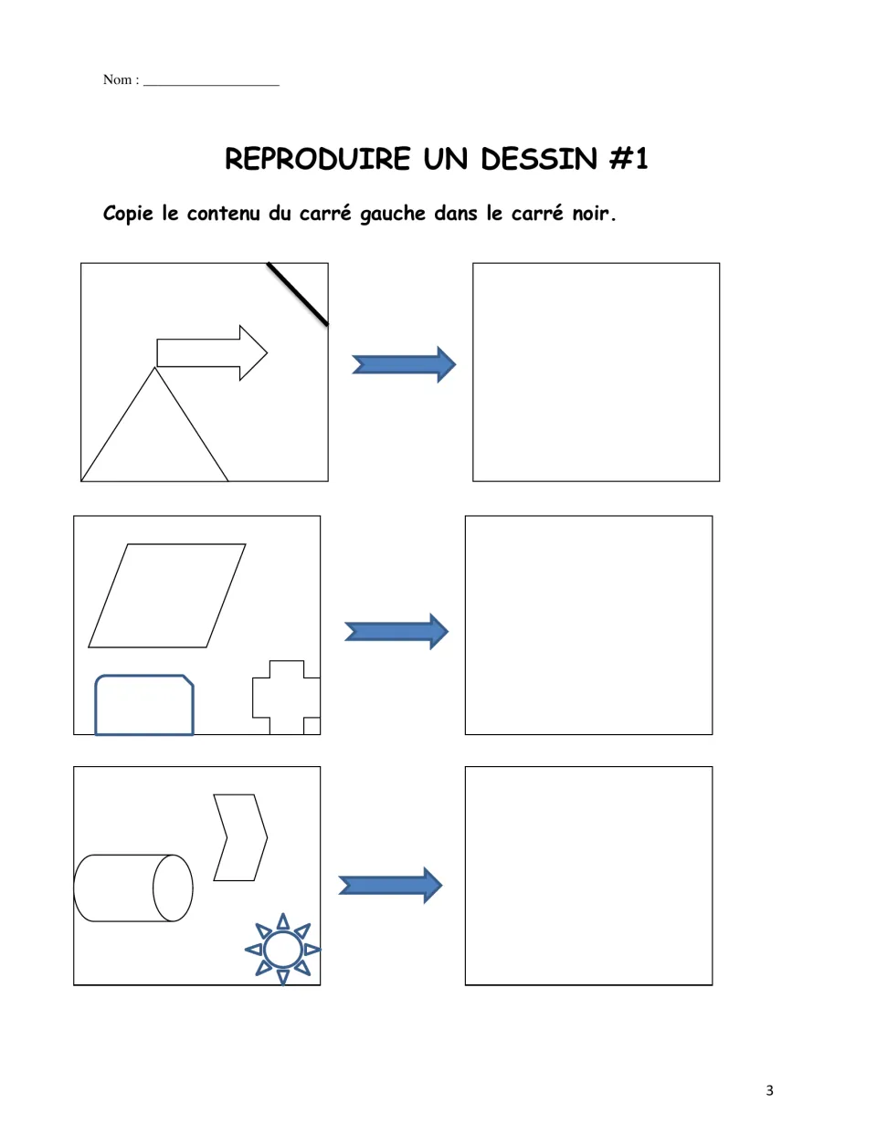 Drawing reproduction practice 1: three designs to copy, including a triangle, arrow, cylinder, and sun