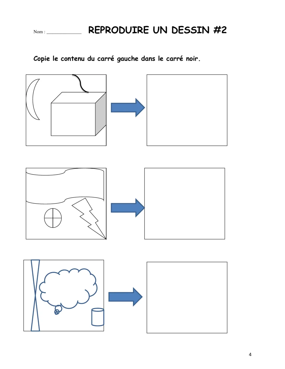 Drawing reproduction practice 2: three designs to copy, including a crescent, prism, and lightning bolt