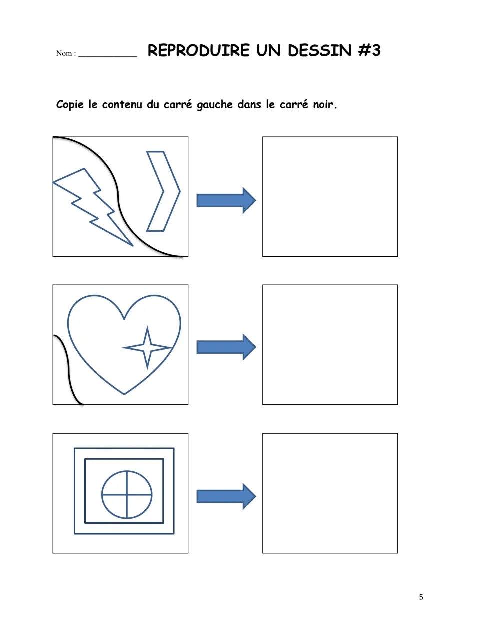 Drawing reproduction practice 3: copy a lightning bolt design, a heart with a star, and nested squares