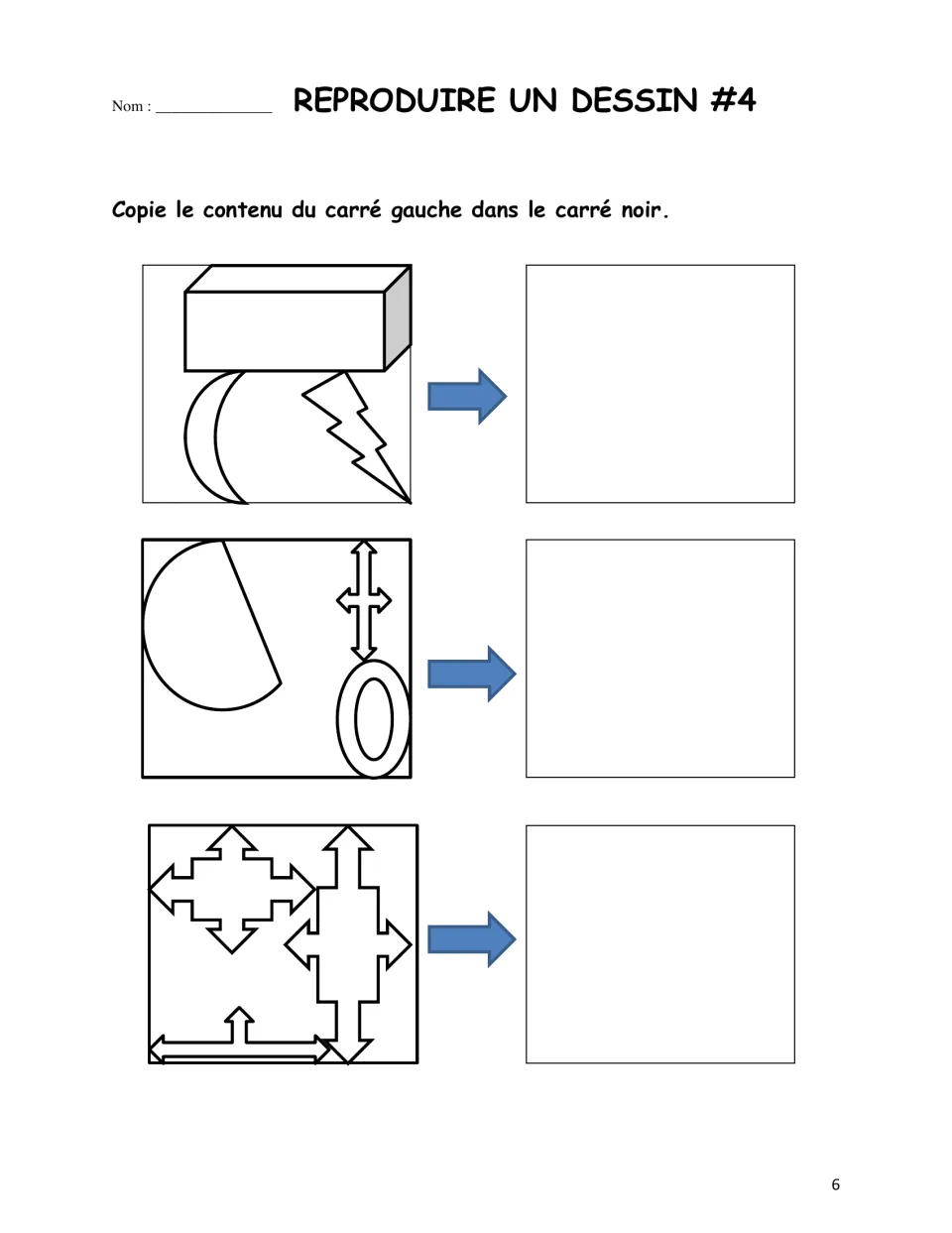 Drawing reproduction practice 4: three designs to copy using a prism, crescent, oval, and arrows