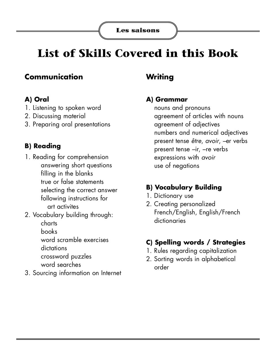 List of skills covered: oral work, reading, grammar such as present tense être and avoir, vocabulary and spelling