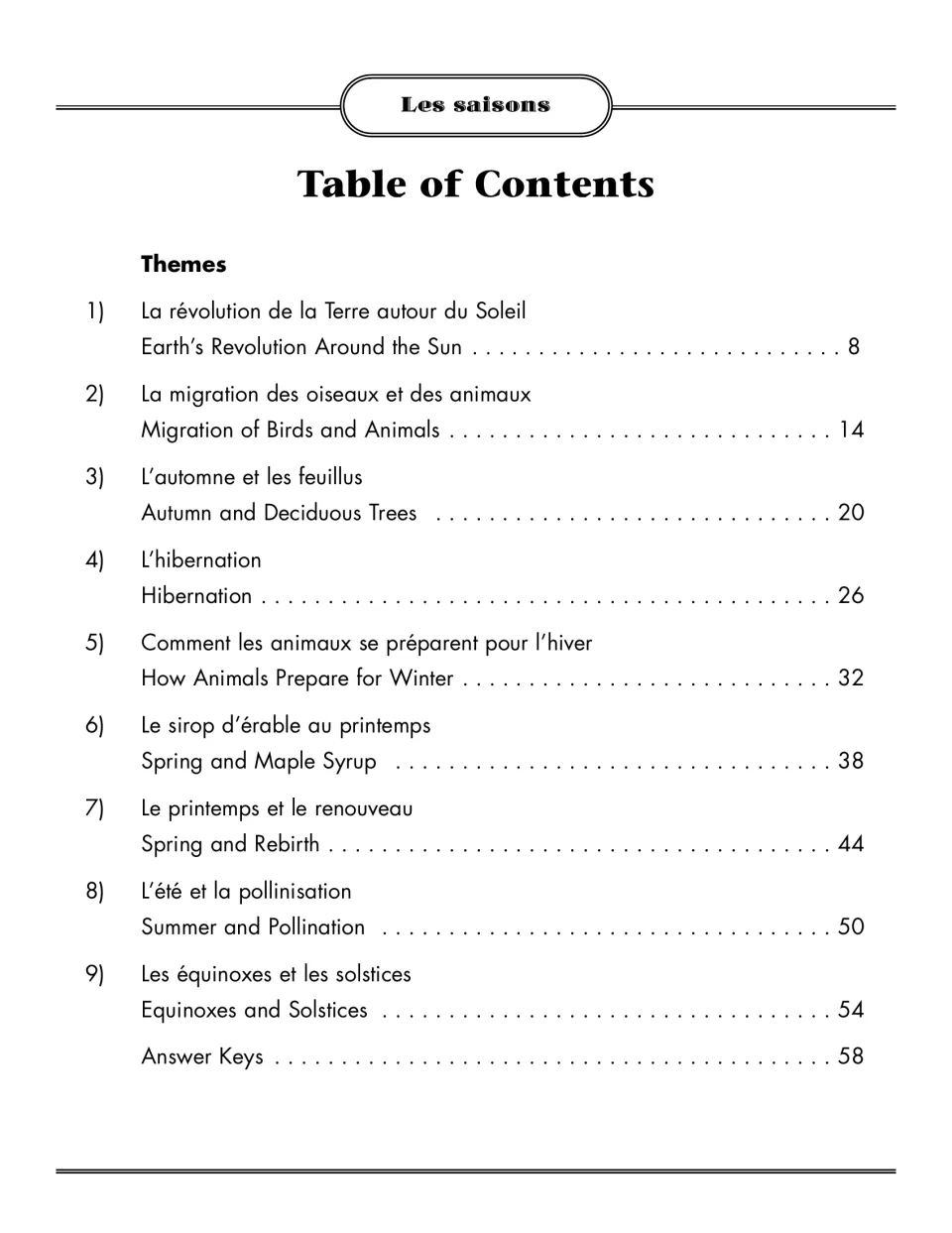 Table of contents: nine themes from Earth's revolution around the sun to equinoxes and solstices, then answer keys