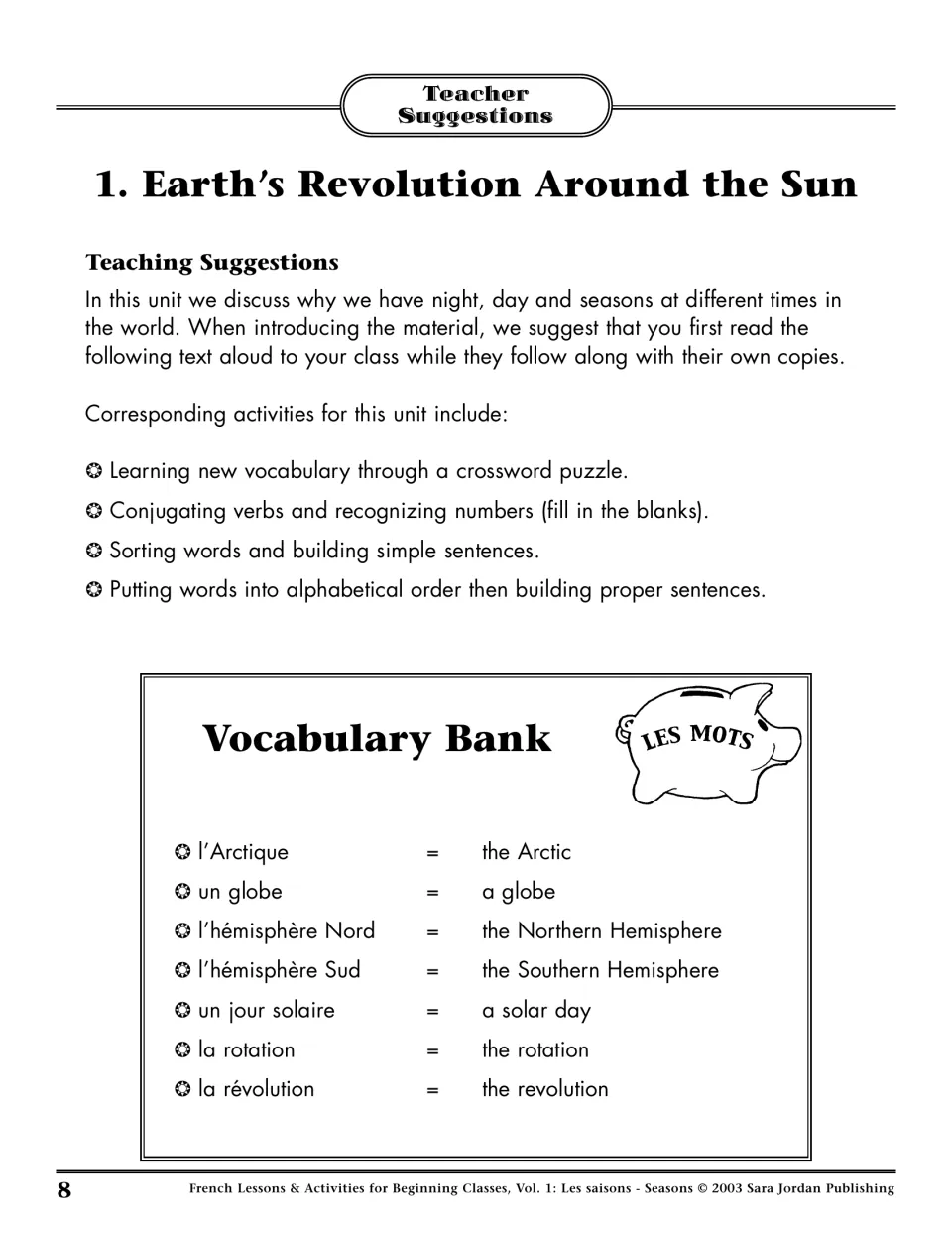 Unit 1 teacher suggestions and Vocabulary Bank: l'Arctique (the Arctic), un globe (a globe), la rotation and 4 more